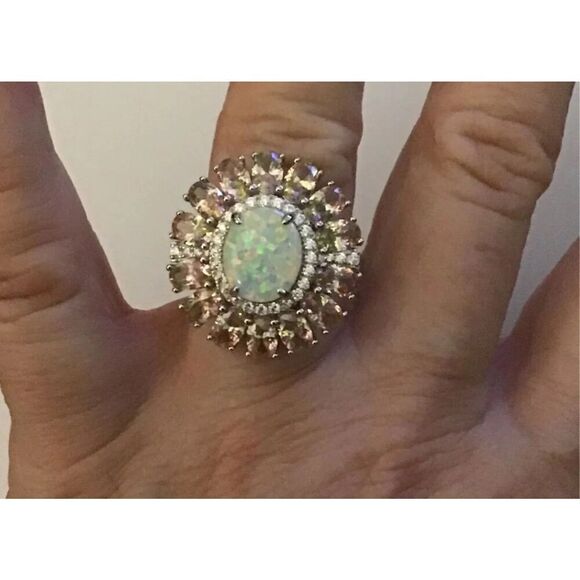 Gorgeous Ethipoian Opal~Pink & White Sapphire Sunburst Cocktail Ring Sz 8~925 SS - Picture 2 of 5